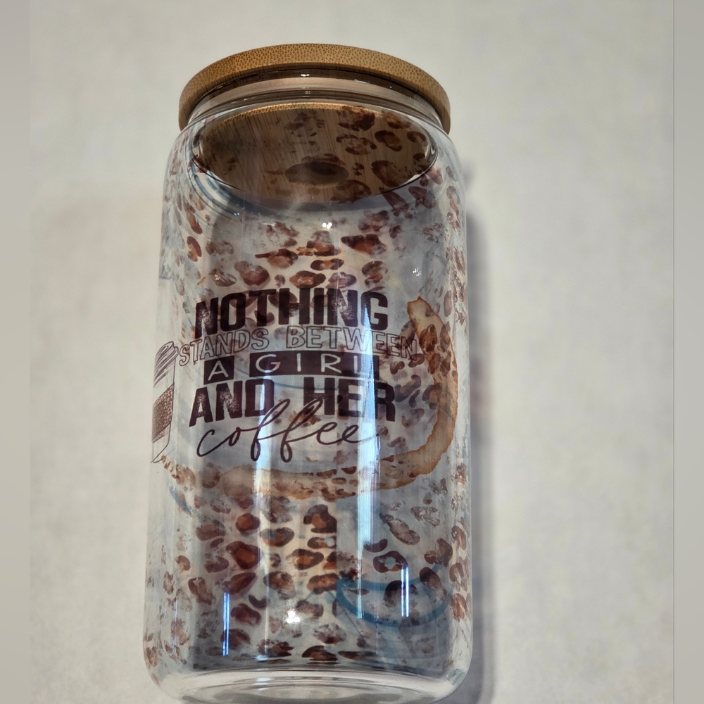 16oz Leopard Print Coffee Glass Can with Bamboo Lid